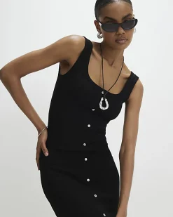 Black Sleeveless Ribbed Button Midi Dress