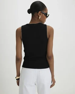 Black Sleeveless Scallop Trim Ribbed Top
