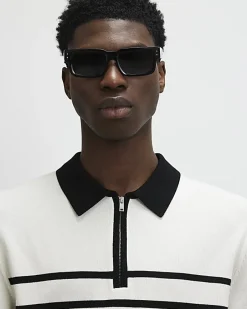 Black Slim Fit Stripe Knitted Polo Shirt