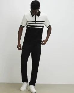 Black Slim Fit Stripe Knitted Polo Shirt