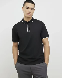 Black Slim Fit Textured Zip Tipped Polo Shirt