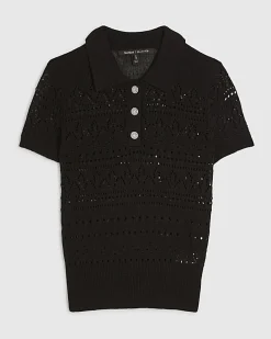 Black Stitched Knit Polo Top