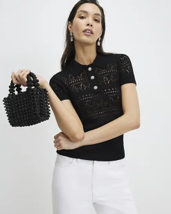 Black Stitched Knit Polo Top