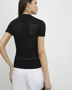Black Stitched Knit Polo Top