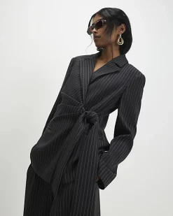 Black Stripe Tie Waist Blazer