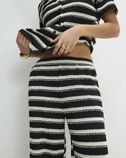 Black Striped Crochet Wide Leg Trousers
