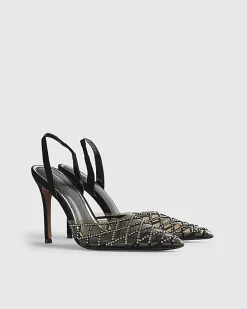 Black Studded Perspex Court Slingback Heels