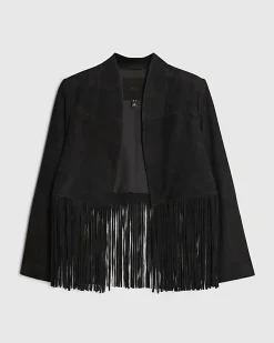 Black Suede Collarless Tassel Blazer