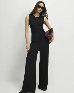 Black Textured Button Through Sleeveless Top