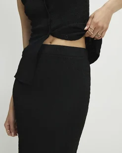Black Textured Midi Skirt