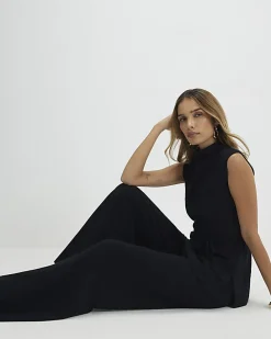 Black Textured Wide Leg Trousers