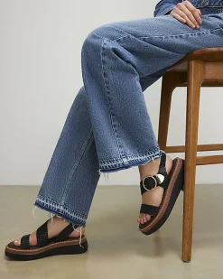 Black Wide Fit Woven Buckle Flatform Sandals