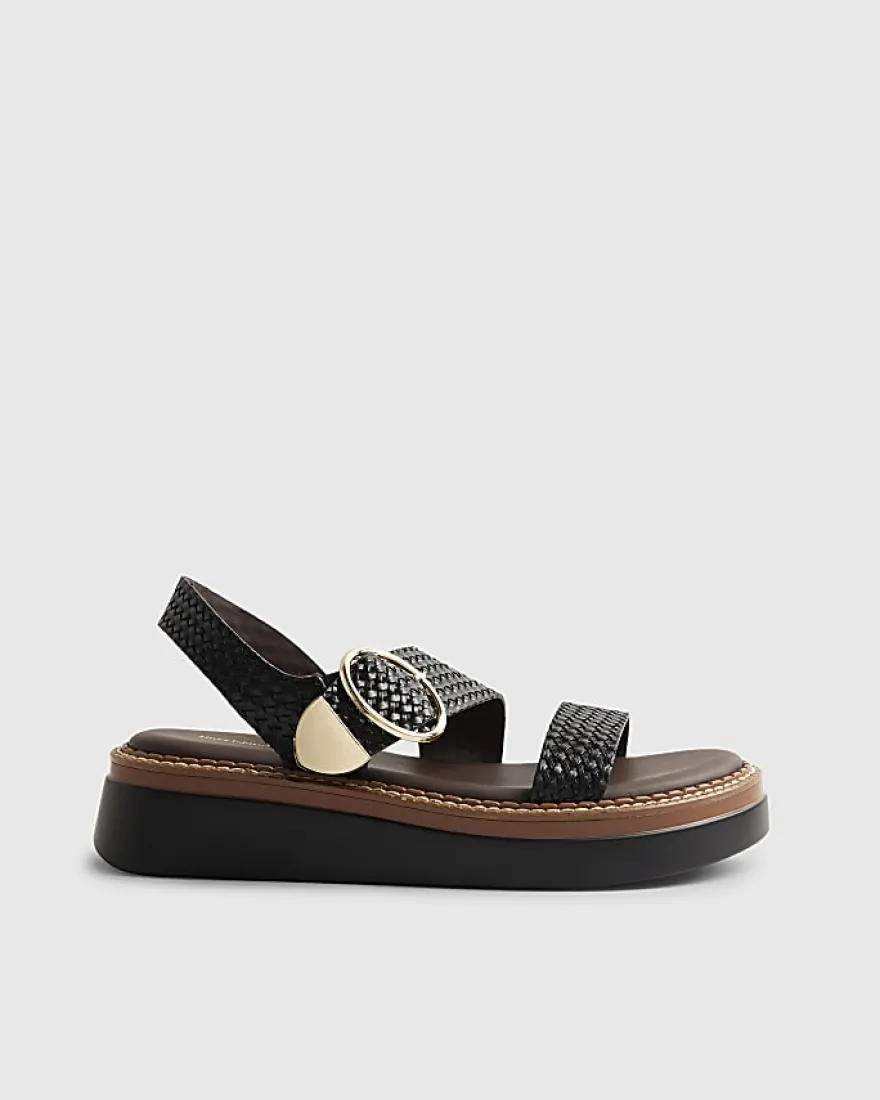 Black Woven Buckle Flatform Sandals