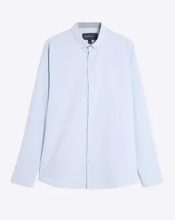 Blue Textured Muscle Fit Long Sleeve Shirt