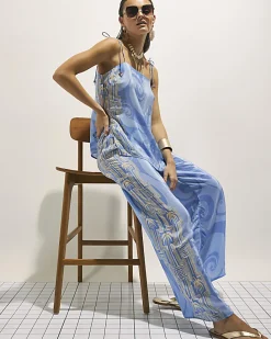 Blue Abstract Palm Print Trousers
