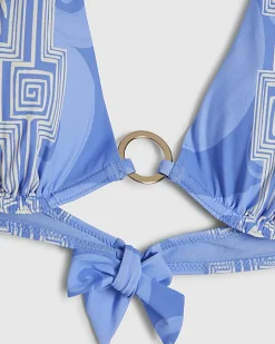 Blue Abstract Print Plunge Neck Bikini Top