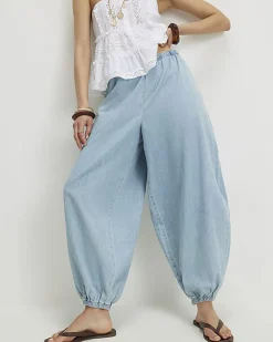 Blue Balloon Leg Denim Trousers