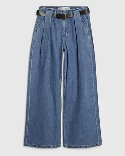 Blue Belted Pleated Wide Leg Jeans