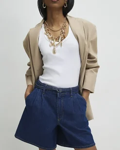 Blue Belted Tailored Denim Shorts