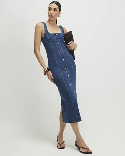 Blue Bodycon Denim Midi Dress