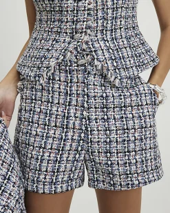 Blue Boucle Fringed Trim Shorts