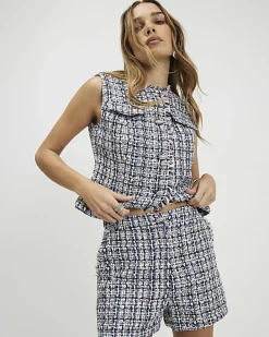 Blue Boucle Fringed Trim Shorts