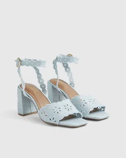 Blue Broderie Block Heel Sandals