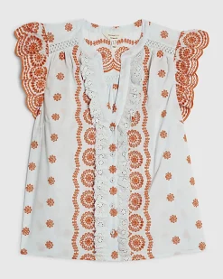 Blue Broderie Frill Sleeve Blouse