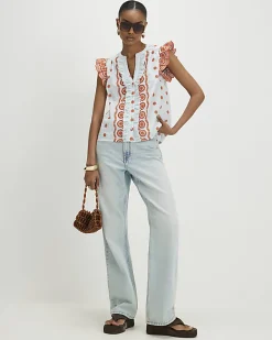 Blue Broderie Frill Sleeve Blouse
