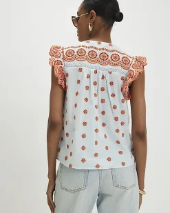 Blue Broderie Frill Sleeve Blouse