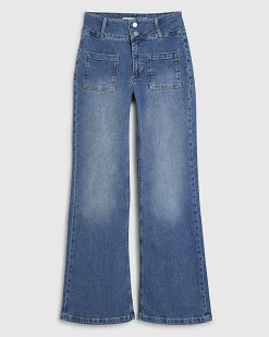 Blue Button Detail Pocket Front Flared Jeans