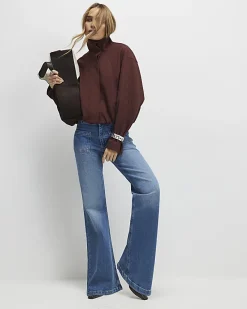 Blue Button Detail Pocket Front Flared Jeans