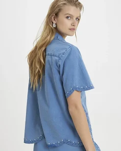 Blue Chambray Broderie Studded Shirt