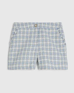 Blue Check Fringe Hem Boucle Shorts