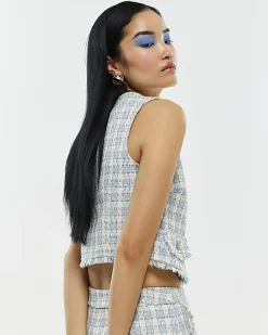 Blue Check Fringe Hem Boucle Waistcoat
