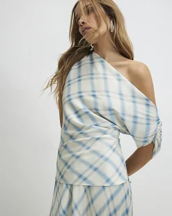 Blue Check Off The Shoulder Top