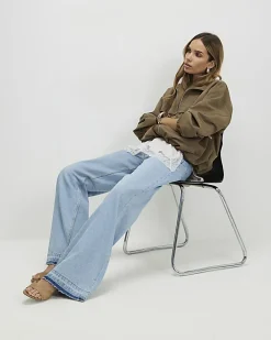 Blue Clean Waist Wide Leg Turn Down Hem Jeans