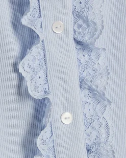 Blue Cotton Lace Trim Ruffle Tank Top
