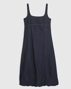 Blue Denim Bubble Hem Midi Dress