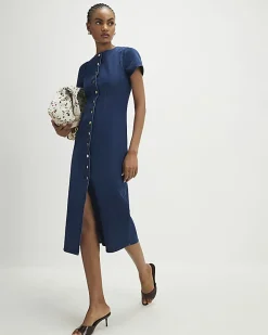 Blue Denim Button Cap Sleeve Midi Dress