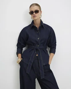 Blue Denim Cropped Trench Jacket