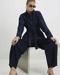 Blue Denim Cropped Trench Jacket
