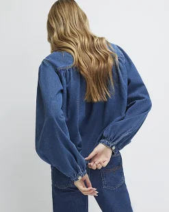 Blue Denim Diamante Button Long Sleeve Shirt