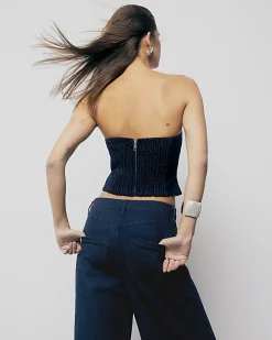 Blue Denim Diamante Embellished Bandeau Top