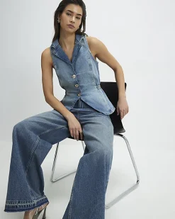 Blue Denim Elasticated Sleeveless Waistcoat