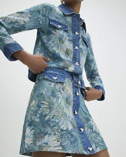 Blue Denim Floral Tapestry Mini Skirt