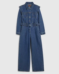 Blue Denim Long Sleeve Waisted Jumpsuit