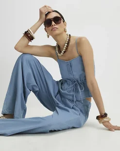 Blue Denim Look Drawstring Waist Cami Top