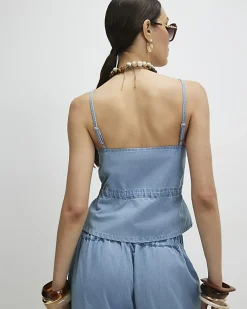 Blue Denim Look Drawstring Waist Cami Top