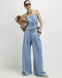 Blue Denim Look Drawstring Wide Leg Trousers